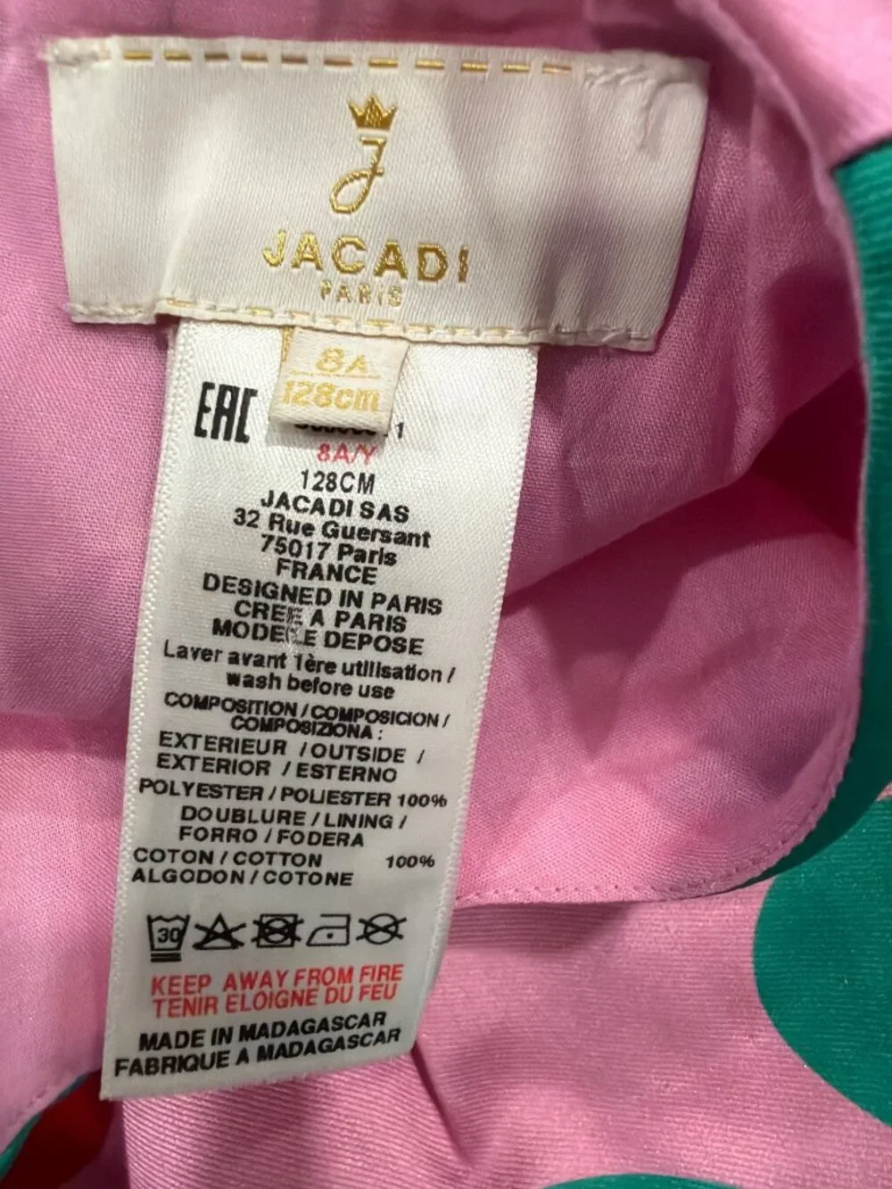 Jacadi Paris Girls Pink Floral Party Dress 8A 128CM Polyester & Cotton